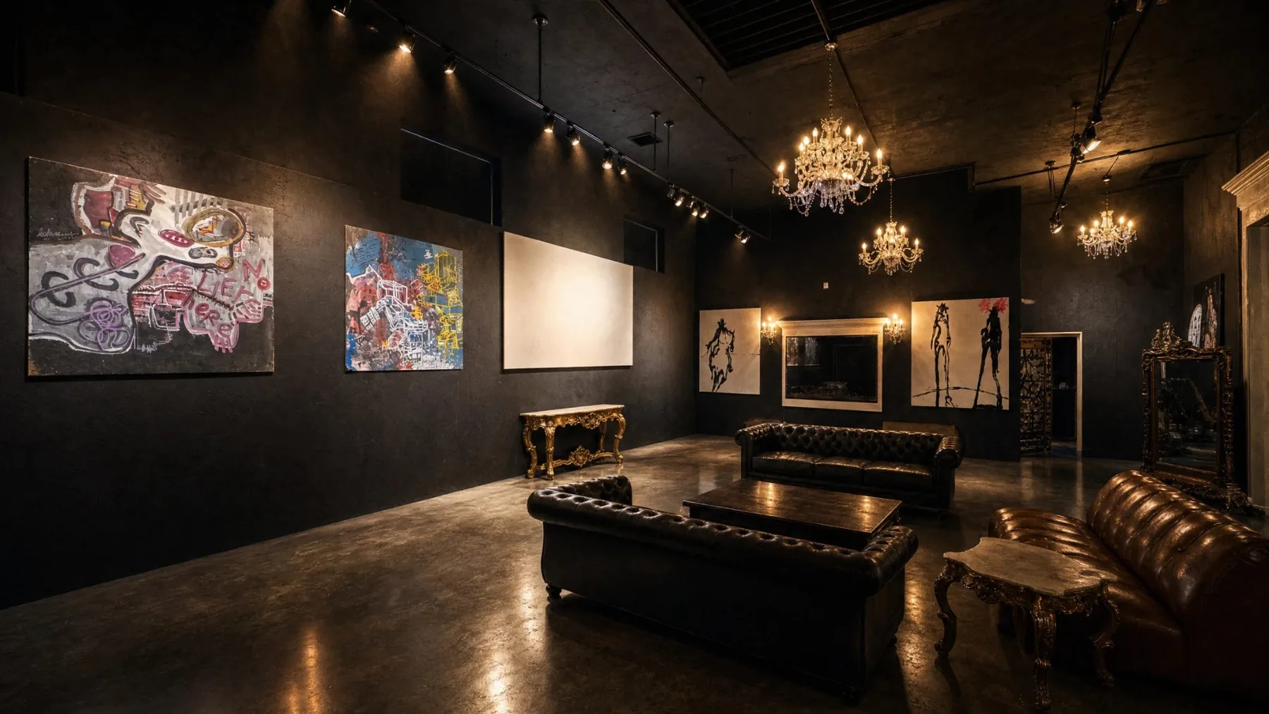 The showroom and gallery with chandeliers, leather sofas and art