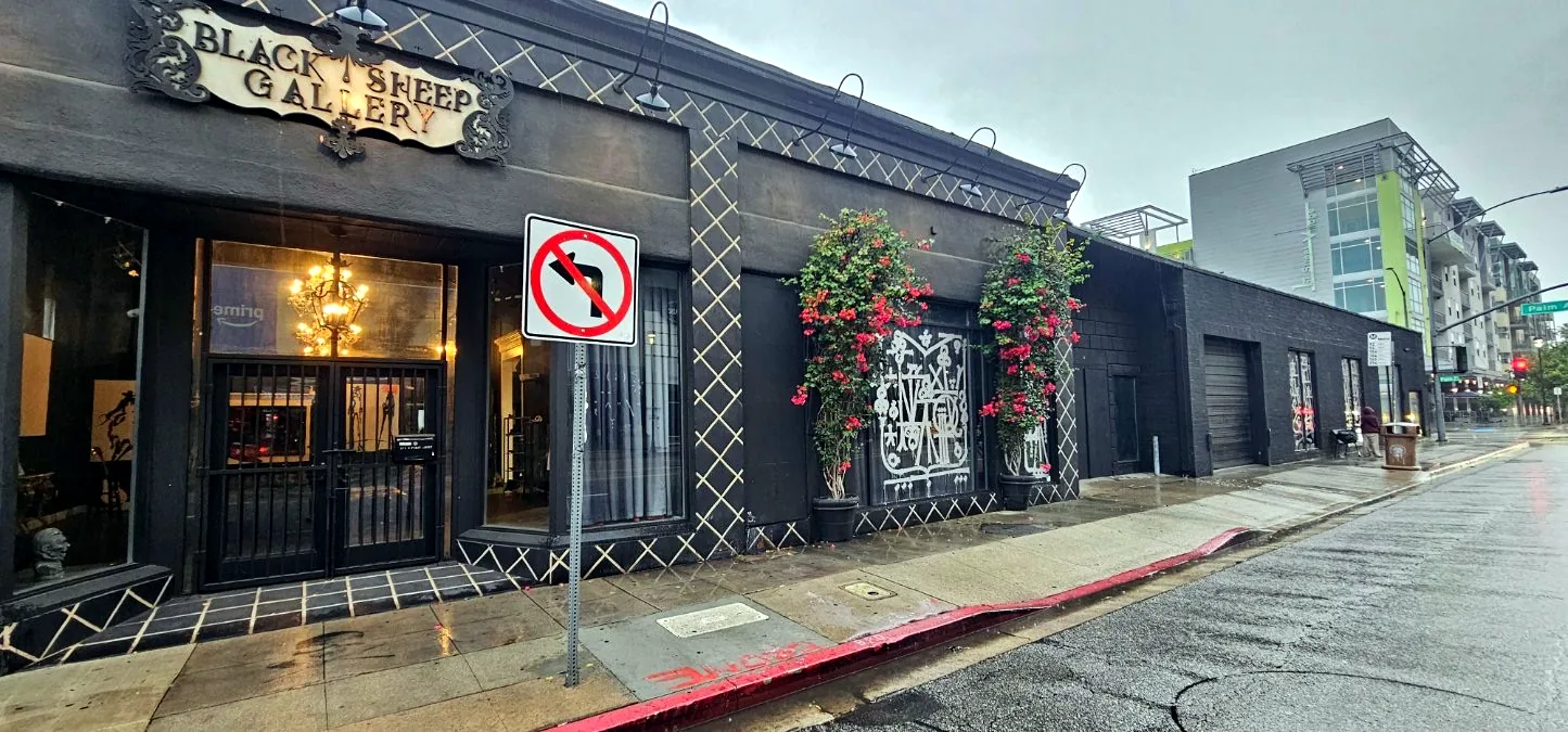 Street-front entrance with bougainvillea and painted windows